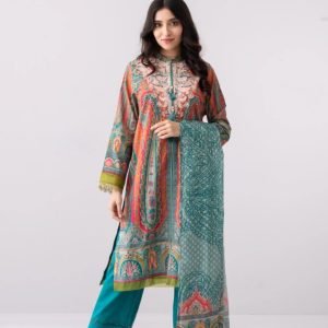 Teal Color Digital Printed Three Piece